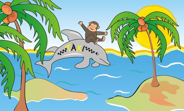 Dolphin and Monkey, cute vector illustration - Vektör, Görsel