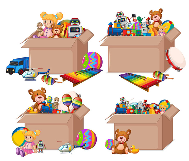 Set of boxes full of toys on white background - Vector, Image