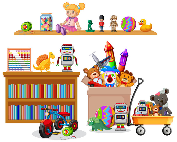 Estante lleno de libros y juguetes sobre fondo blanco - Vector, imagen