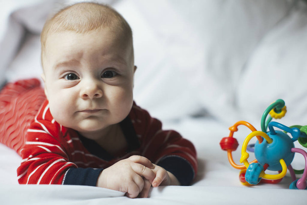 Primer plano retrato, bebé recién nacido niño jugando juguete
 - Foto, imagen