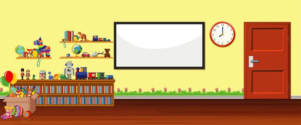 Background scene with whiteboard and toys - Vector, Image