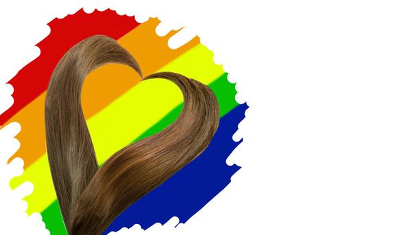 Cut hair tails in shape of heart highlighted by lines painted in colors of LGBT flag on white rectangle background. Valentines day concept card.For hair and beauty treatment salon. Banner,copy space. - Photo, Image