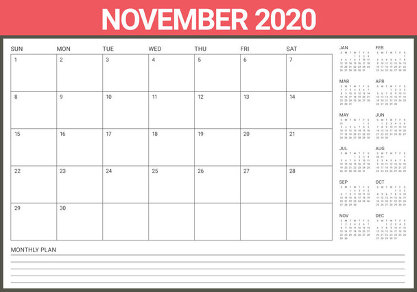 Noviembre 2020 escritorio calendario vector ilustración
 - Vector, imagen