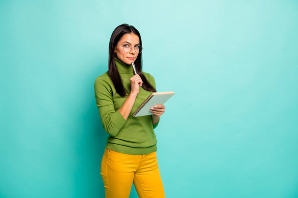 Portrait of her she nice attractive lovely pretty charming cute creative girl creating writing decision solution isolated on bright vivid shine vibrant blue green turquoise color background - Foto, Imagen