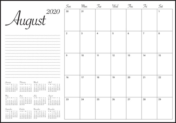 Sierpień 2020 biurko kalendarz ilustracja wektor - Wektor, obraz