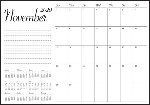 Novembro 2020 tabela calendário vetor ilustração
 - Vetor, Imagem