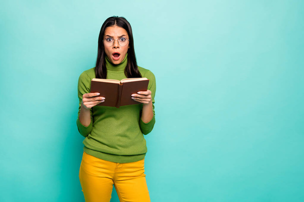 Portrait of her she nice attractive lovely intellectual stunned girl reading scientific work overreacting isolated on bright vivid shine vibrant blue green turquoise color background - Fotoğraf, Görsel