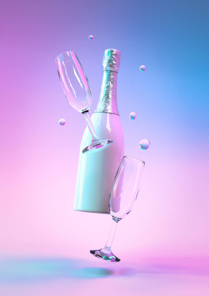 Diseño creativo con botella festiva 3D realista de champán con vidrio en luces de neón olográficas ultravioletas de colores. Concepto del partido
  - Foto, imagen