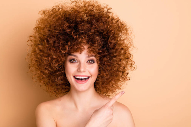 Close up photo beautiful she her wear no clothes nude excited lady curls fashion procedure stylist perms roller curlers salon empty space direct finger show sale discount isolated beige background - Foto, Imagem
