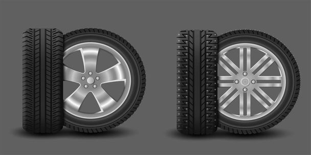 Car wheels with summer tire and winter tire with spikes - Vector, Image