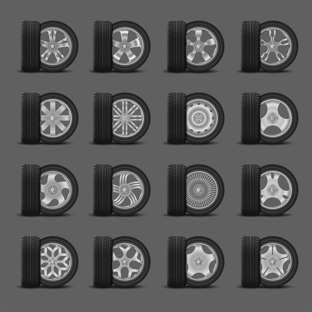 Nastavit balíček realistických ikon pneumatik a kol - Vektor, obrázek