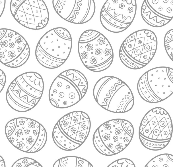Easter egg, seamless pattern, monochrome, contour, white. Gray line drawing on a white field. Decorative background.  - Вектор,изображение