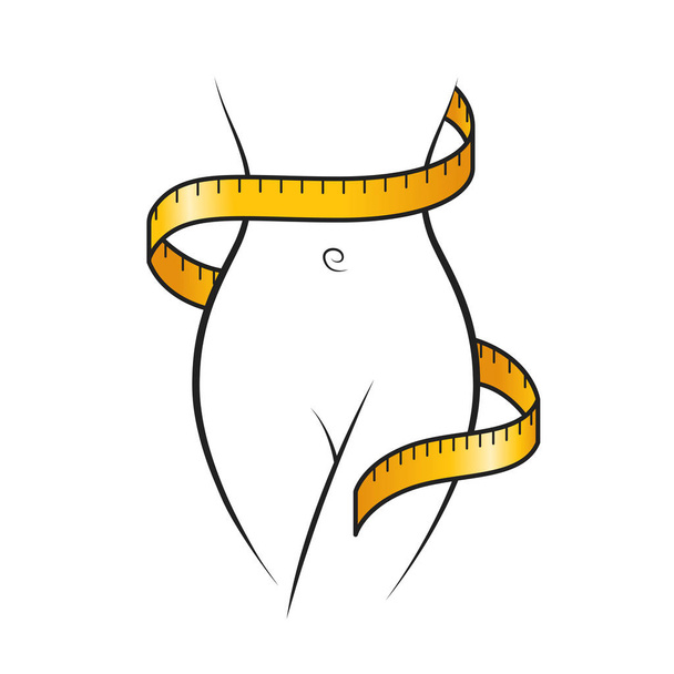 Yellow measure tape wraps around woman outline slim body icon - Vector, Image