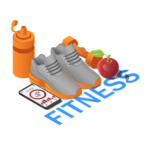 Fitness vybavení tenisky, smartphone s aplikací, činka, láhev vody a jablko v izometrické. Koncept fitness s textem - Vektor, obrázek