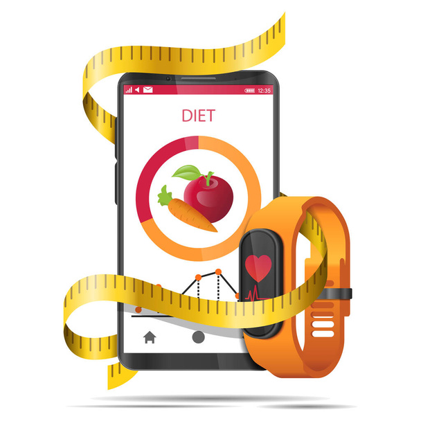 Aplicativo de dieta conceito com fita métrica, smartphone e relógio fitness realista
 - Vetor, Imagem