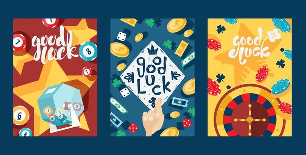 Καλή τύχη στα τυχερά παιχνίδια, πανό τυπογραφίας, διανυσματική απεικόνιση. Σύνολο καρτών με σύμβολο καζίνο, εικονίδιο παιχνιδιού. Τζάκποτ, λαχείο, μπίνγκο, πόκερ και ρουλέτα. Διαφήμιση καζίνο - Διάνυσμα, εικόνα