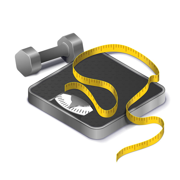 Concept fitness weight lose with measure tape on weight scale and metal dumbbell realistic isometric - Vector, Image