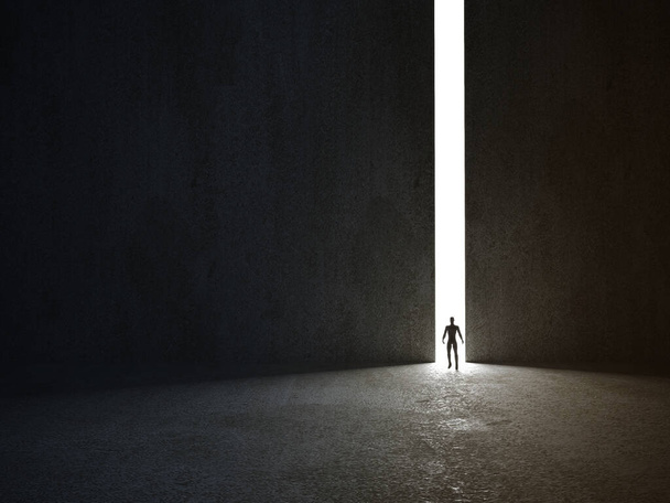 Abstract man in dark concrete interior with glowing doorway and light rays coming in. 3d rendering - 写真・画像