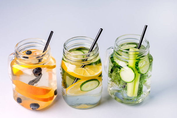 Glass Jars with Fresh Infused Water Made With Organic Fruits and Vegetables Healthy Detox Drink Above Horizontal - Foto, immagini