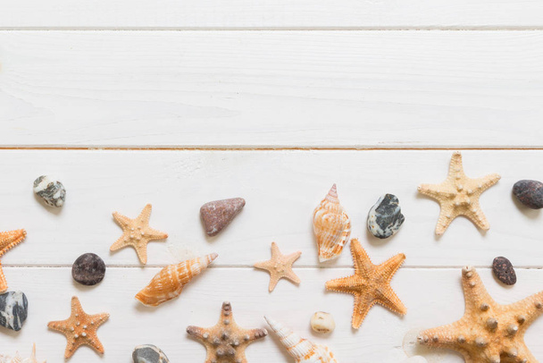 Colocación plana de varias conchas marinas y estrellas de mar sobre una mesa de madera blanca
, - Foto, imagen