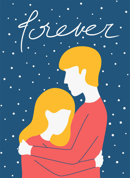 Χαριτωμένο ζευγάρι αγκαλιές σε αστέρια τελείες φόντο με γράμματα για πάντα, πρότυπο κάρτα ημέρα του Αγίου Βαλεντίνου - Διάνυσμα, εικόνα