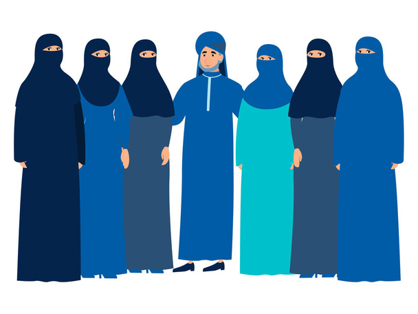 Muslim family, man with a harem. In minimalist style Cartoon flat raster, isolated on white background - Photo, Image