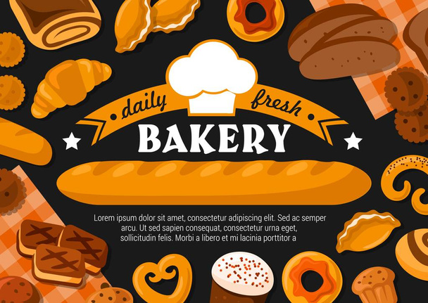 Pan, baguette, pasteles y rosquillas con sombrero de panadero
 - Vector, Imagen