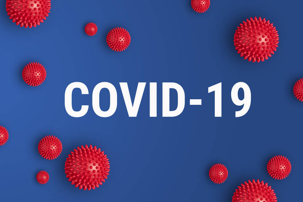 Inscripción COVID-19 sobre fondo azul con modelo de cepa roja de coronavirus
 - Foto, Imagen