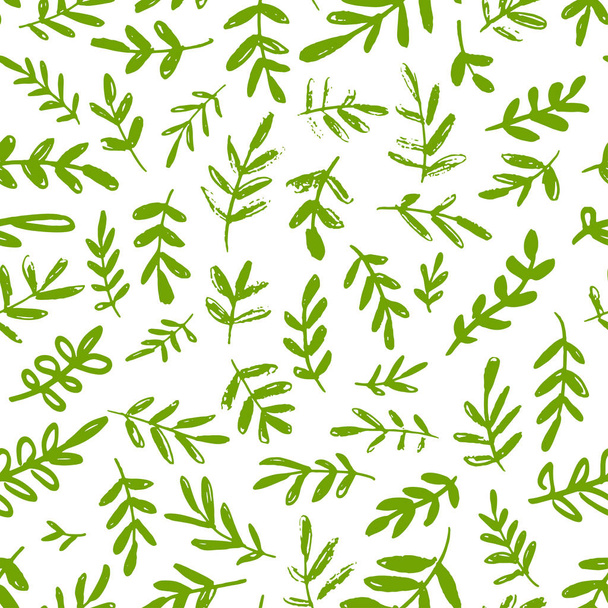 Seamless spring pattern. Simple green leaves and twigs on a whit - Vector, afbeelding