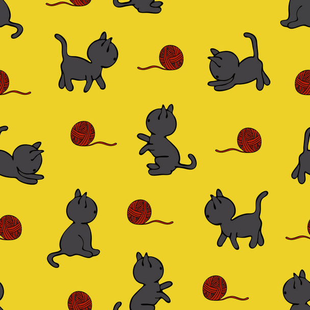 Patrón vectorial sin costuras de divertidos gatitos grises de dibujos animados jugando con la bola de hilo rojo. Fondo amarillo brillante
. - Vector, Imagen