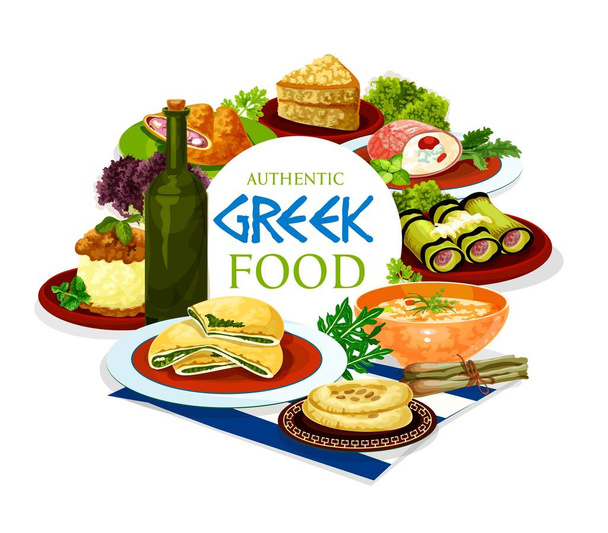 Platos griegos de carne y verdura con postre
 - Vector, imagen