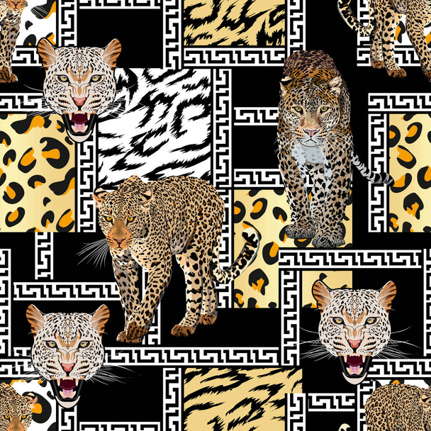 Lampart bezszwowy wzór z czarnymi białymi granicami. Konsystencja skóry zwierzęcia. Chodzący gepard i twarz. - ilustracja - Zdjęcie, obraz