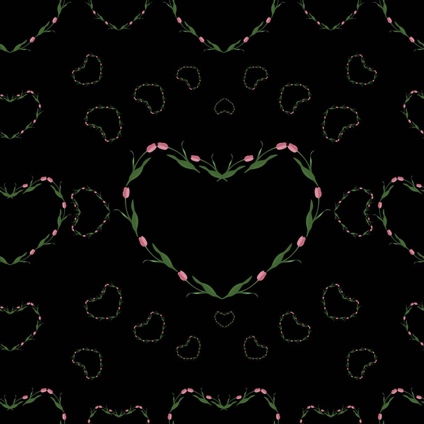 Heart shaped pink tulips seamless pattern. Vector. Black background. The idea for creating a greeting card, invitation, card, wallpaper. Valentine day, wedding, love. Flower ornament. - Wektor, obraz