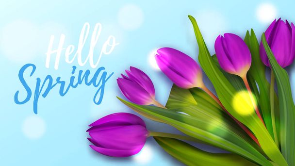 Hello April spring tulip coupon. Colorful banner background to Womans day. - Wektor, obraz