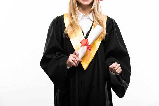 Front view of student holding diploma isolated on white - Photo, Image