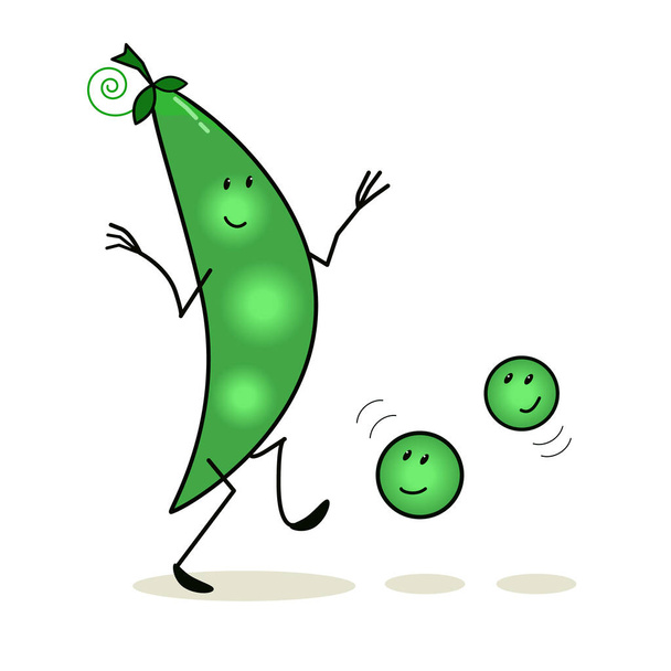 Green pea pod with jumping peas. Cheerful character. Drawn by hands. Isolated on a white background. Green healthy vegetarian vegetables. - Vector, Image