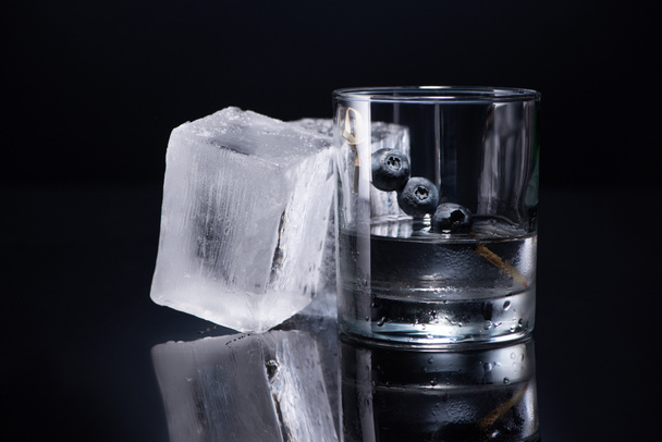 transparent glass with vodka and blueberries near ice cubes on black background - Φωτογραφία, εικόνα