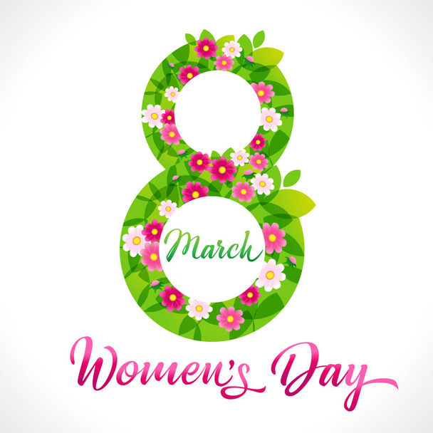 8 березня - День щасливих жінок з зеленим листям. Прапор жіночого дня відповідає зразку з квітами та рожевим каліграфічним вектором на білому тлі. - Вектор, зображення