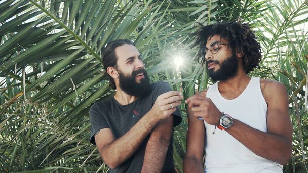 Des amis multiethniques se donnent un joint avec de l'herbe sur un fond de feuilles de palmier
 - Photo, image