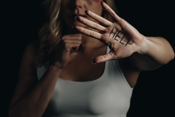 Cropped view of victim showing hand with help lettering isolated on black  - Photo, Image