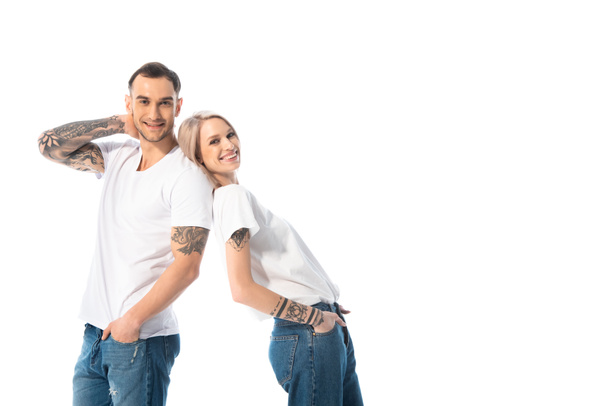 happy young tattooed couple isolated on white - Fotoğraf, Görsel