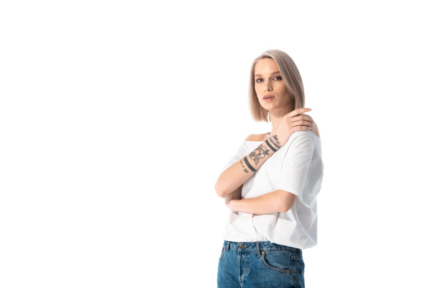 beautiful young tattooed girl posing isolated on white - Fotoğraf, Görsel