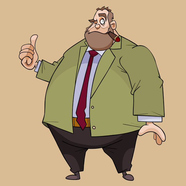 rajzfilm kövér férfi öltönyben és egy szivar a szájában mutatja hüvelykujját felfelé - Vektor, kép