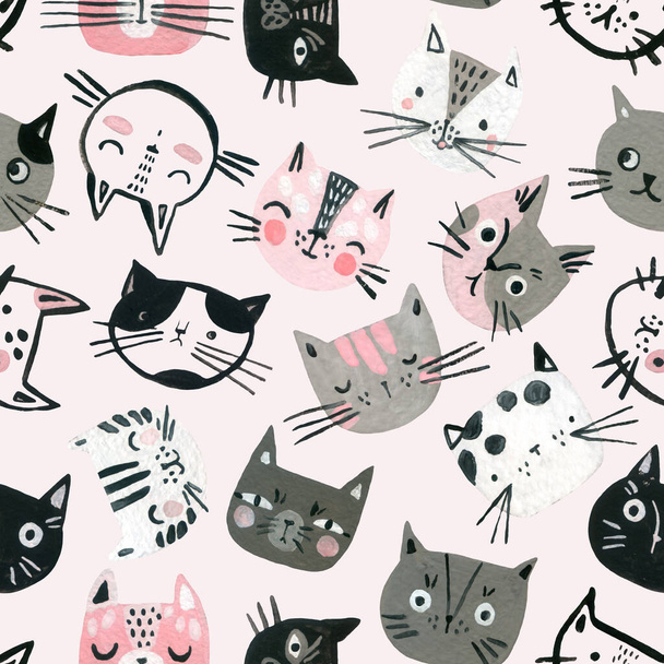 Çizgi filmlerdeki suluboya kediler pastel renklerde kusursuz desenler. Çocuk tasarımı için sevimli kedi yüzleri. - Fotoğraf, Görsel