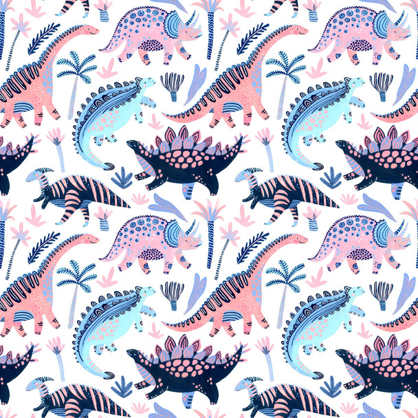Cute cartoon dinosaurs seamless pattern in scandinavian style - Valokuva, kuva