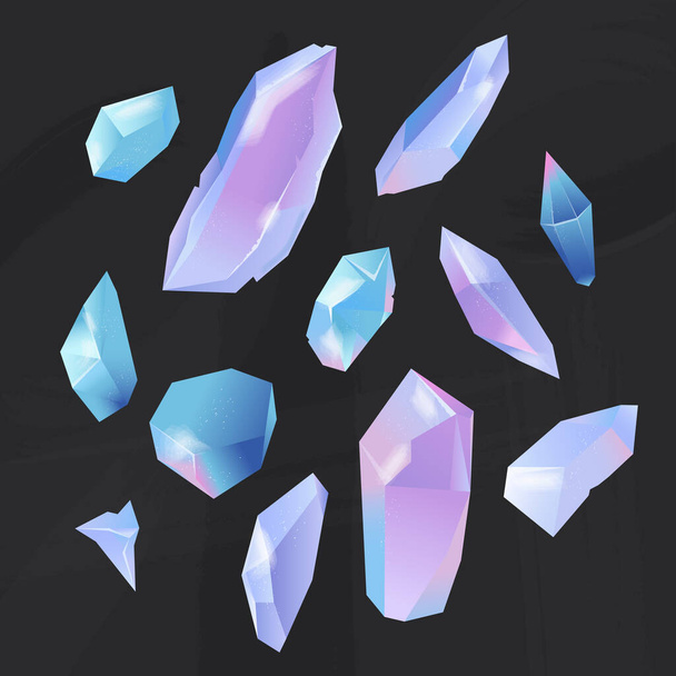 Bir dizi kristal opal taş. Siyah arka planda mineraller, mücevherler ve farklı şekillerde elmaslar. İzole vektör  - Vektör, Görsel