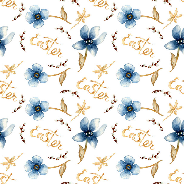 Seamless floral pattern with word Easter and unreal blue flowers. Watercolor hand drawn illustration. Perfect for textile design, wallpapers, cover design and other. - Foto, Bild