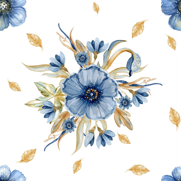 青い非現実的な花や葉を持つ単色の水彩花束。白地に描かれた手描きイラスト。結婚式のイラスト、ポストカード、招待状などに最適です。. - 写真・画像