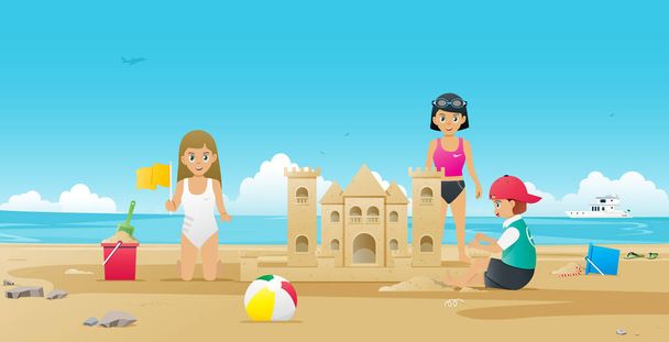 Niños construyendo castillos de arena en la playa
. - Vector, Imagen
