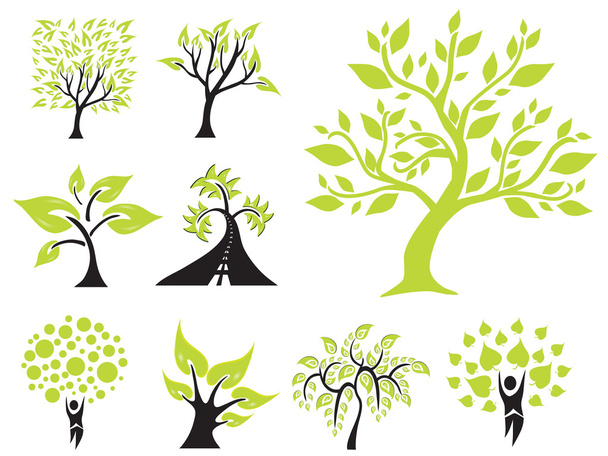 Set of 9 green trees - Vector, Image